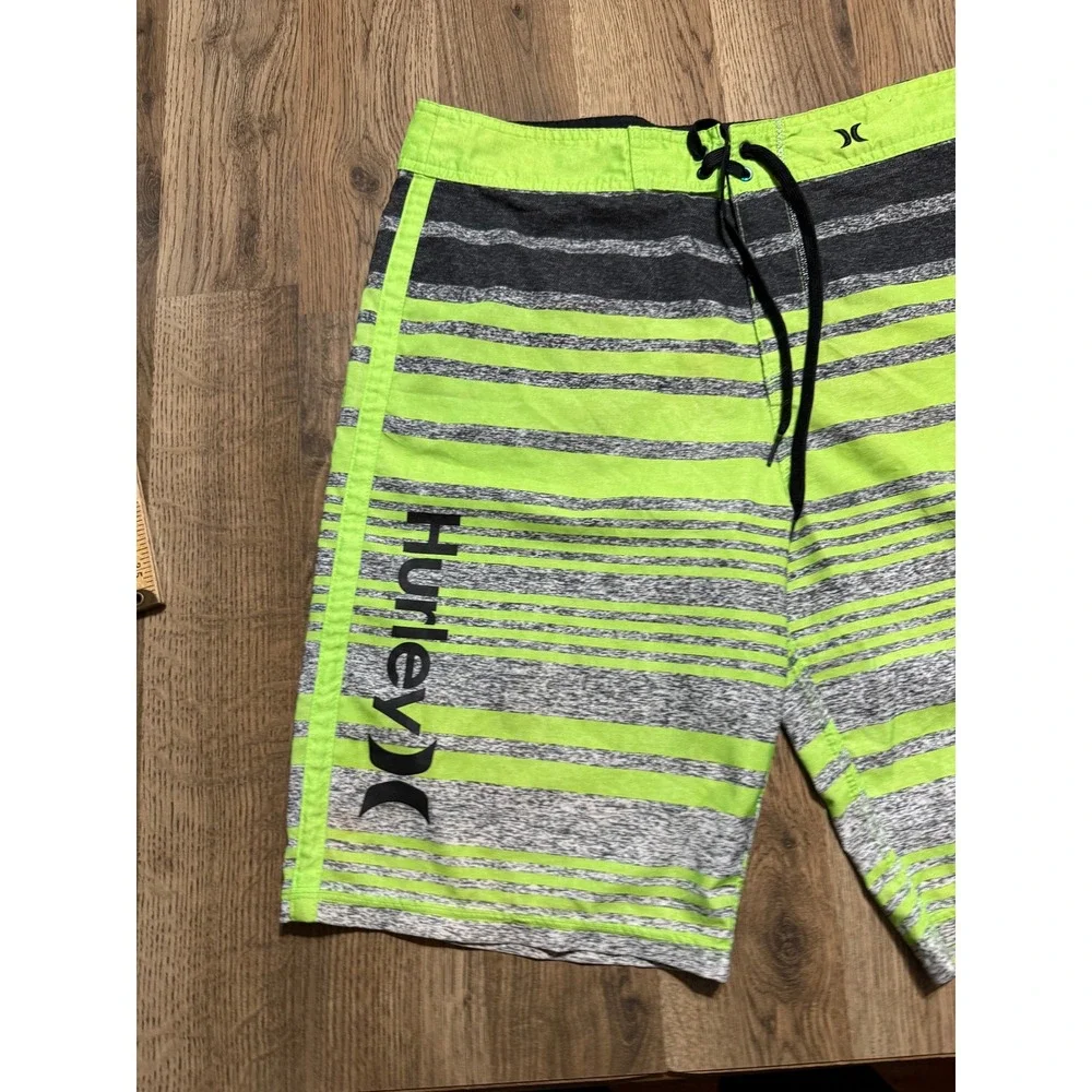 Hurley Shorts Mens Size 33 Lime Green Striped Swim Trunks Buckle Exclusive